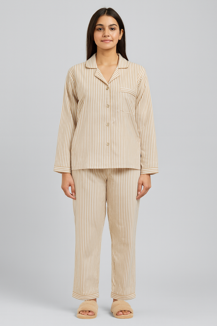 Beige Stripe Long Sleeve Women's Night Suit