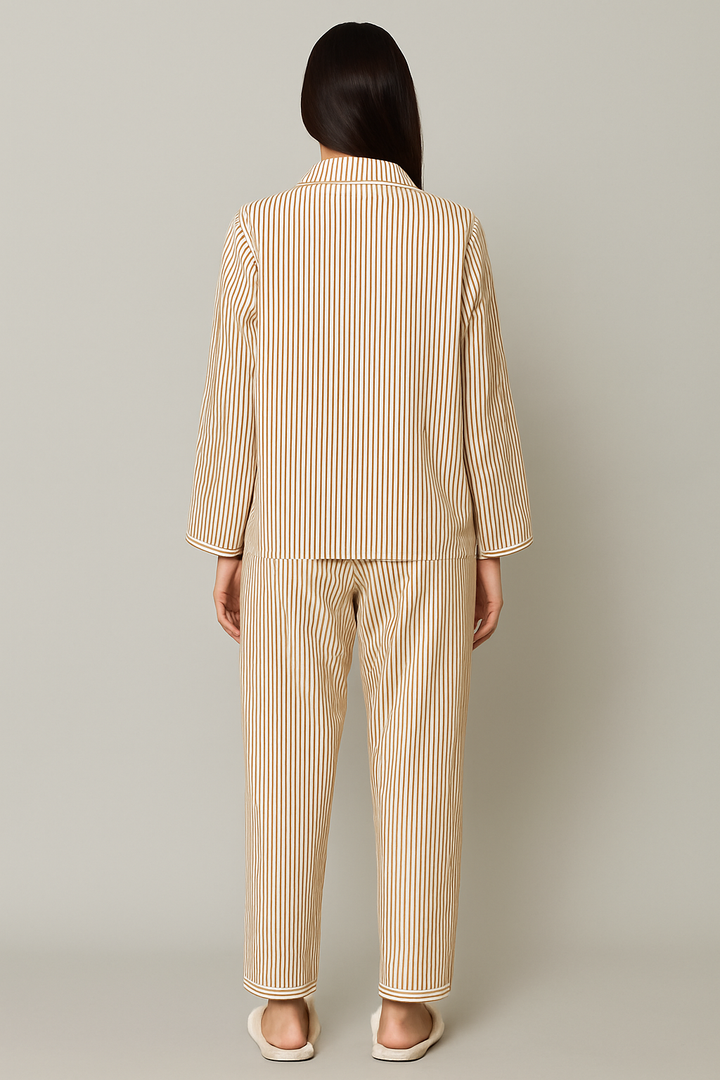 Beige Stripe Long Sleeve Women's Night Suit