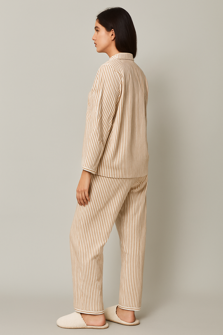 Beige Stripe Long Sleeve Women's Night Suit