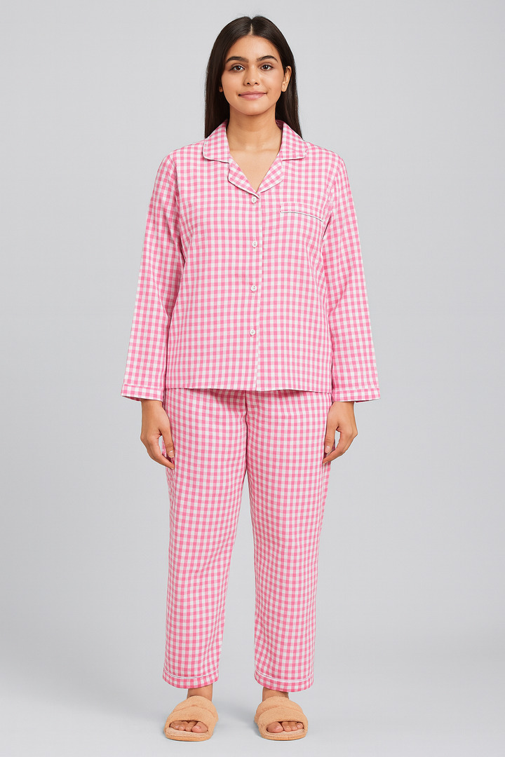 Pink Checkered Print Long Sleeve Women's Night Suit