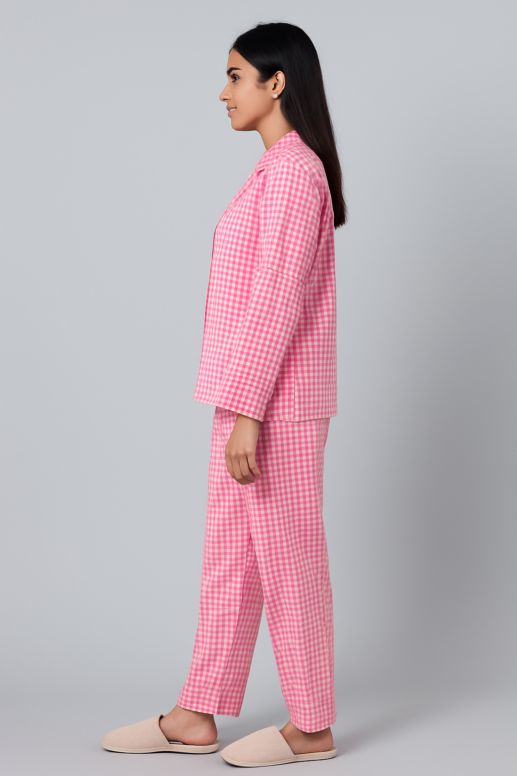 Pink Checkered Print Long Sleeve Women's Night Suit