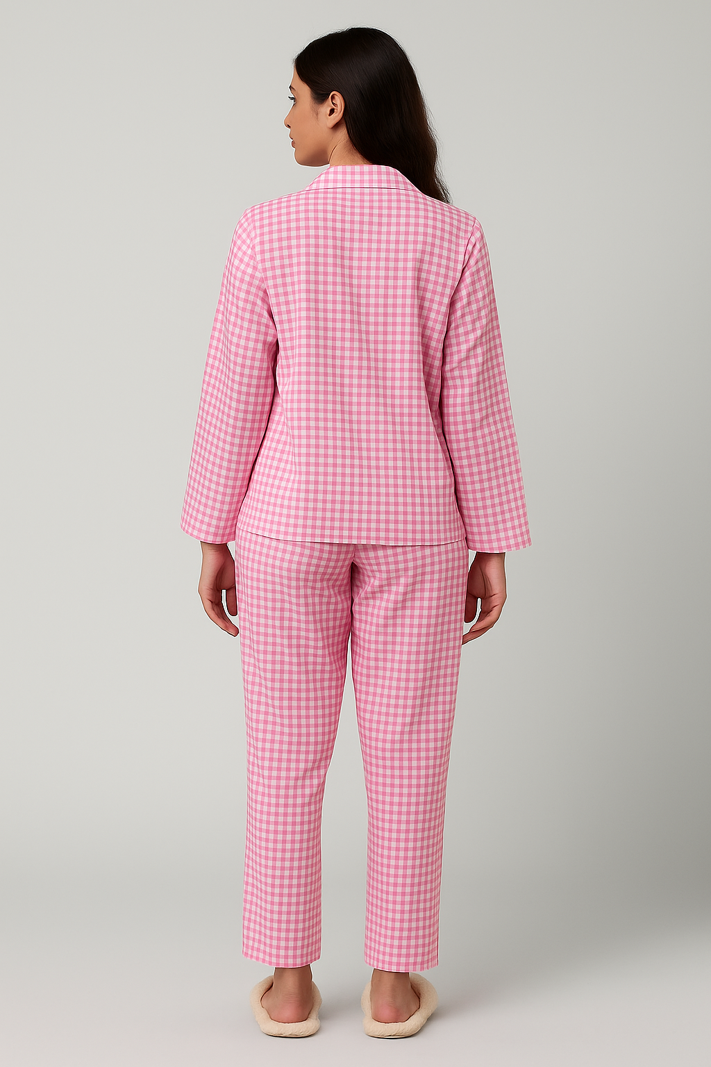 Pink Checkered Print Long Sleeve Women's Night Suit
