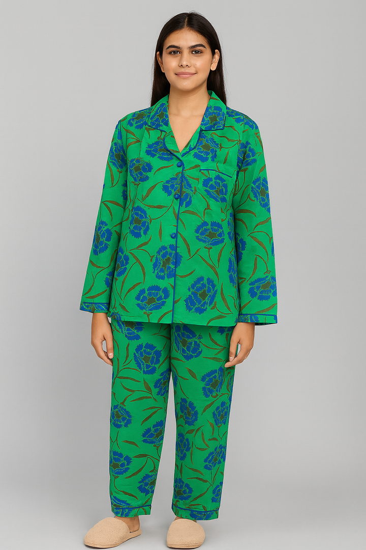 Blue Floral Print Long Sleeve Women's Night Suit