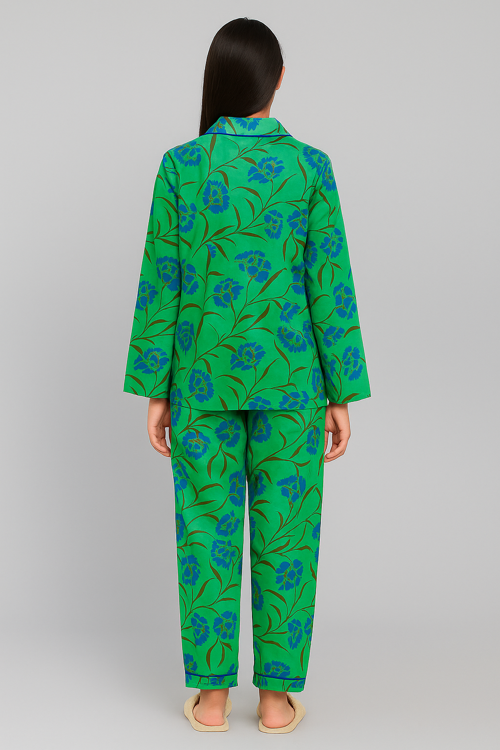 Blue Floral Print Long Sleeve Women's Night Suit