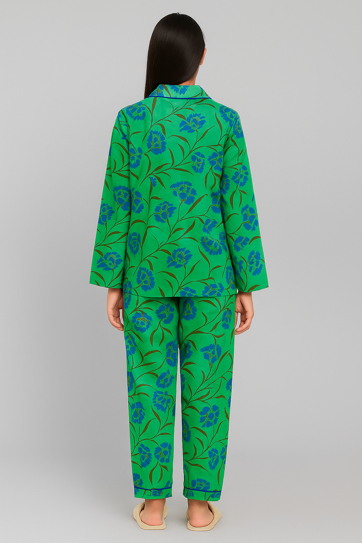 Blue Floral Print Long Sleeve Women's Night Suit