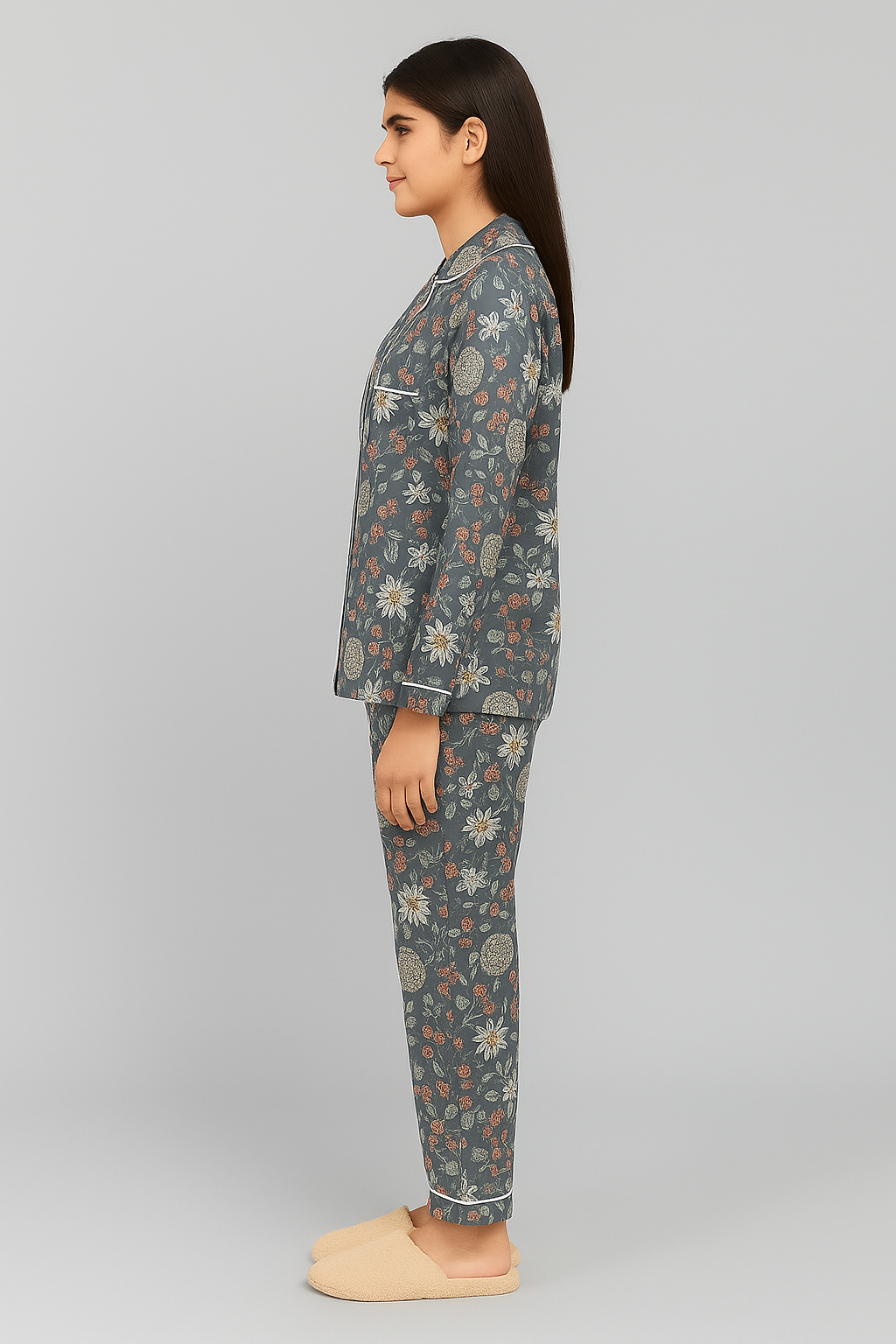 Grey Floral Print Long Sleeve Women's Night Suit