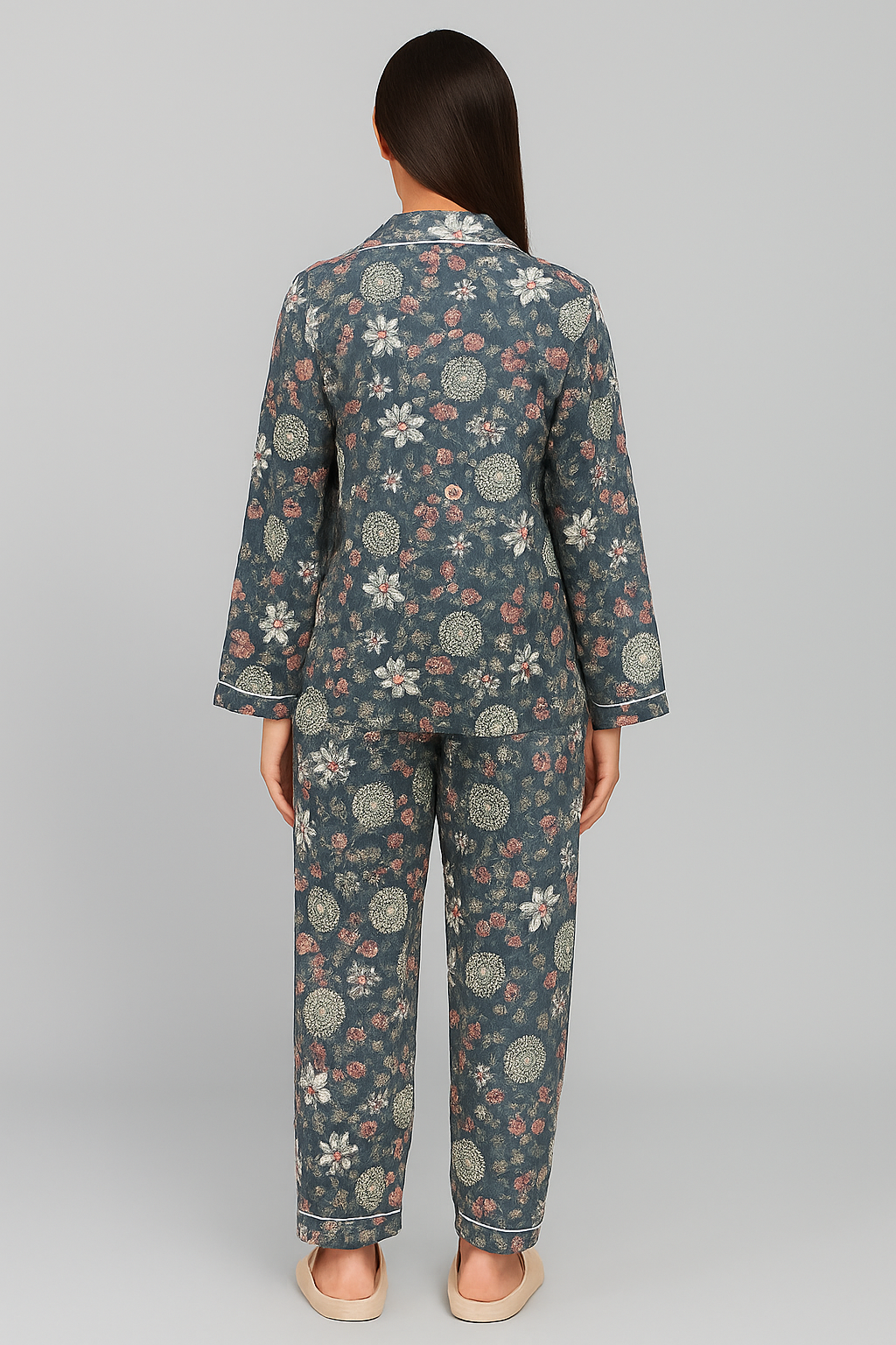 Grey Floral Print Long Sleeve Women's Night Suit