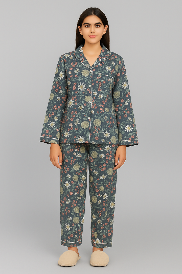 Grey Floral Print Long Sleeve Women's Night Suit