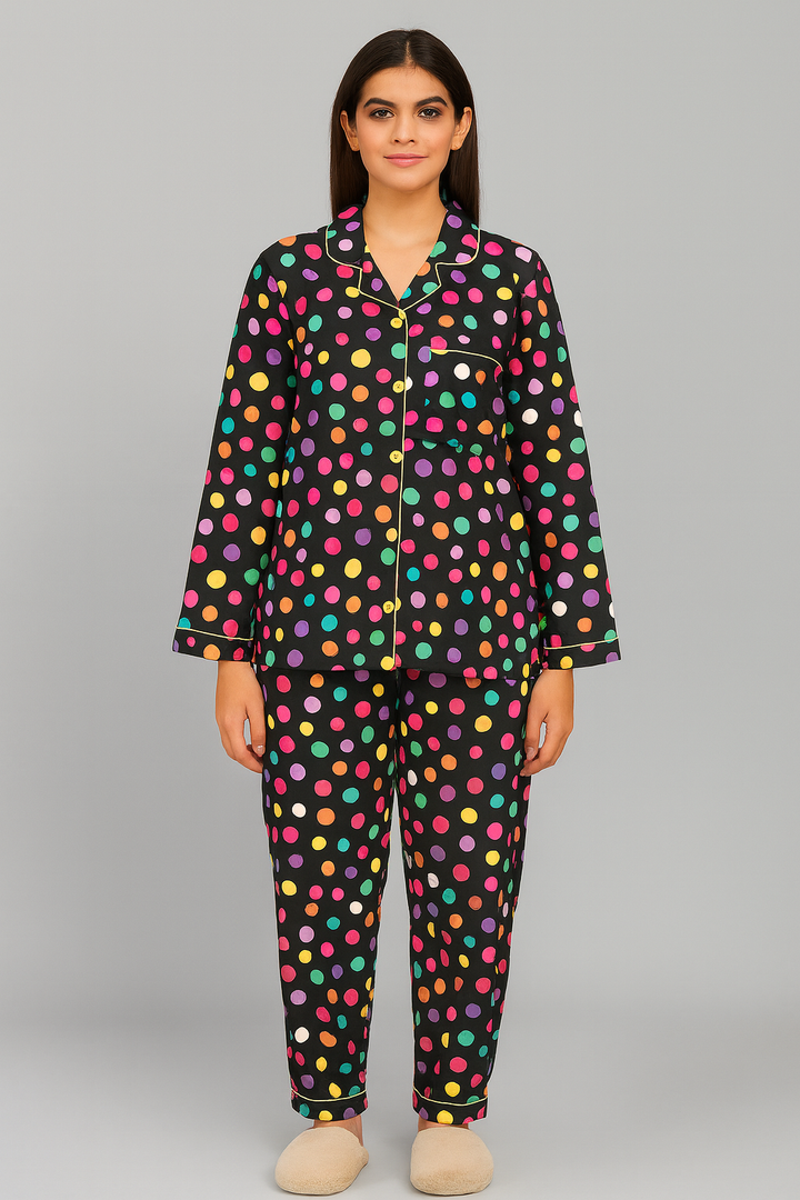 Colorful Polka Dot Print Long Sleeve Women's Night Suit
