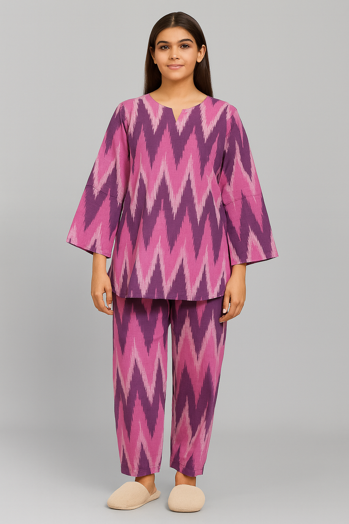 Pink Ikat Print V Neck 3/4Th Sleeve Women's Night Suit