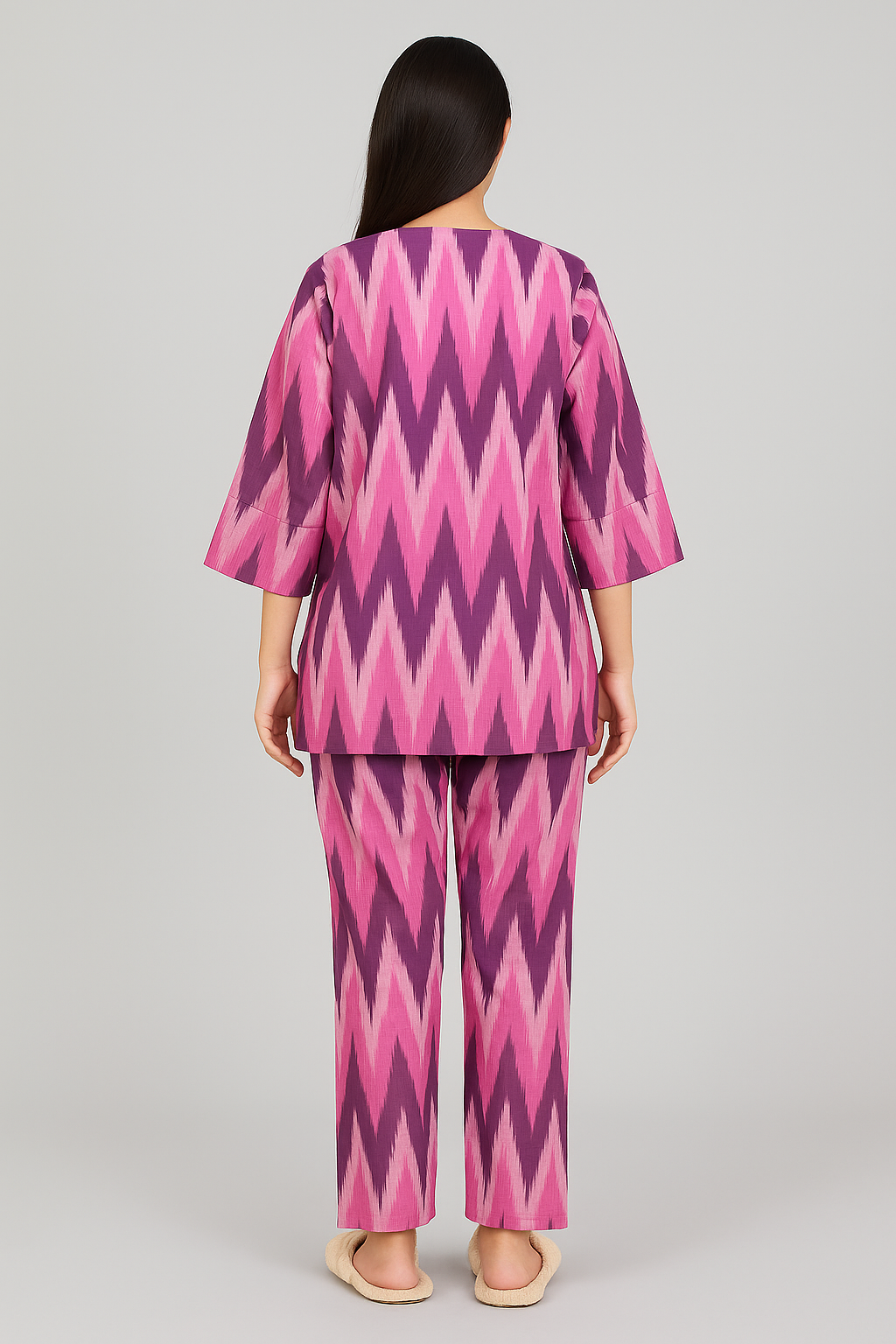 Pink Ikat Print V Neck 3/4Th Sleeve Women's Night Suit