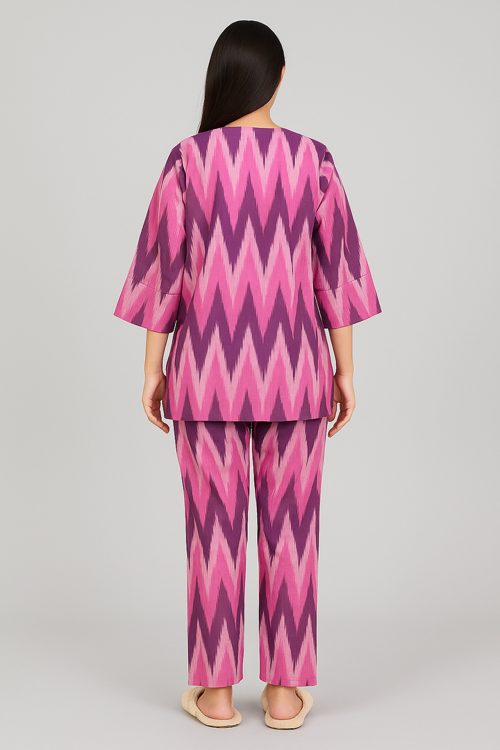 Pink Ikat Print V Neck 3/4Th Sleeve Women's Night Suit