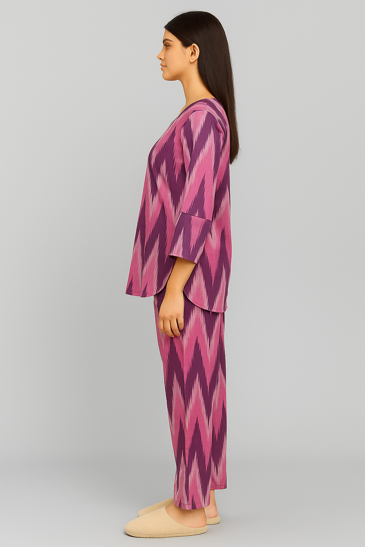 Pink Ikat Print V Neck 3/4Th Sleeve Women's Night Suit