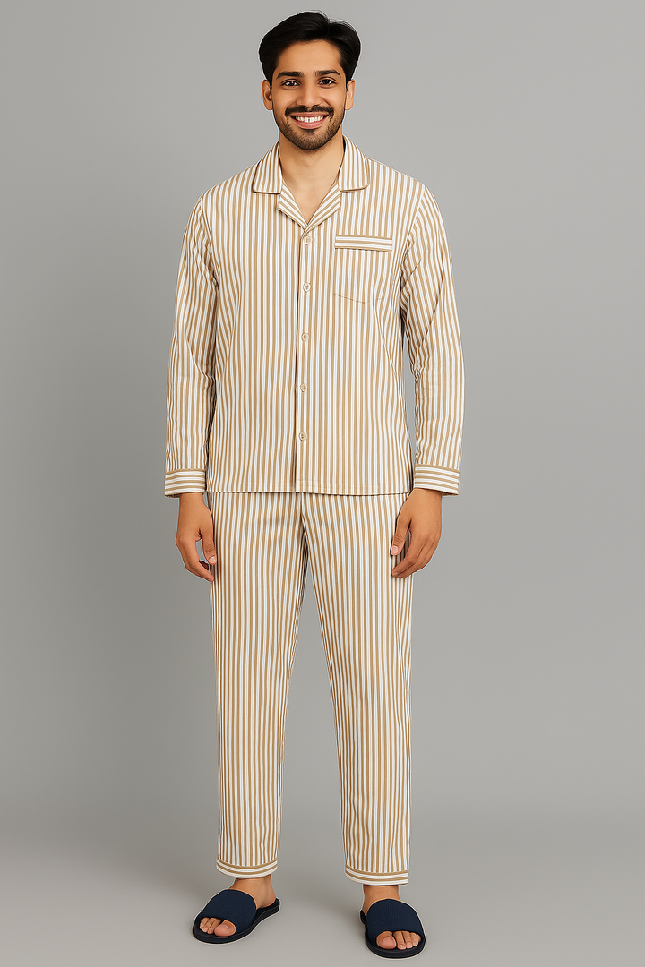 Beige Stripe Long Sleeve Men's Night Suit