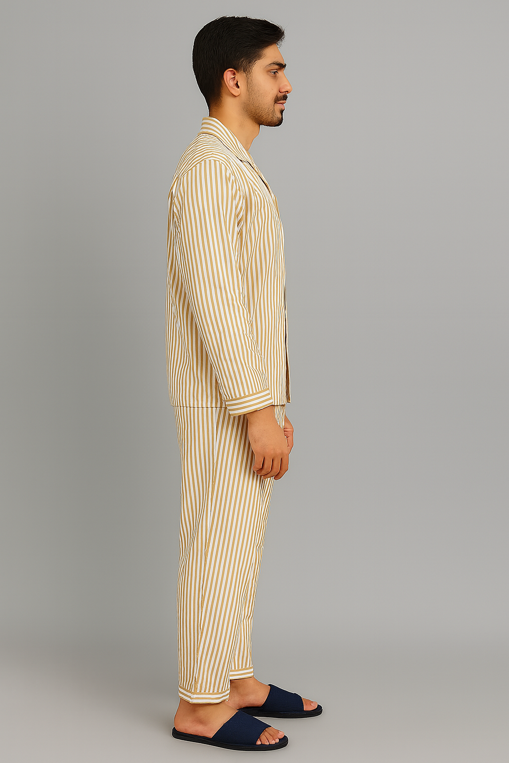 Beige Stripe Long Sleeve Men's Night Suit