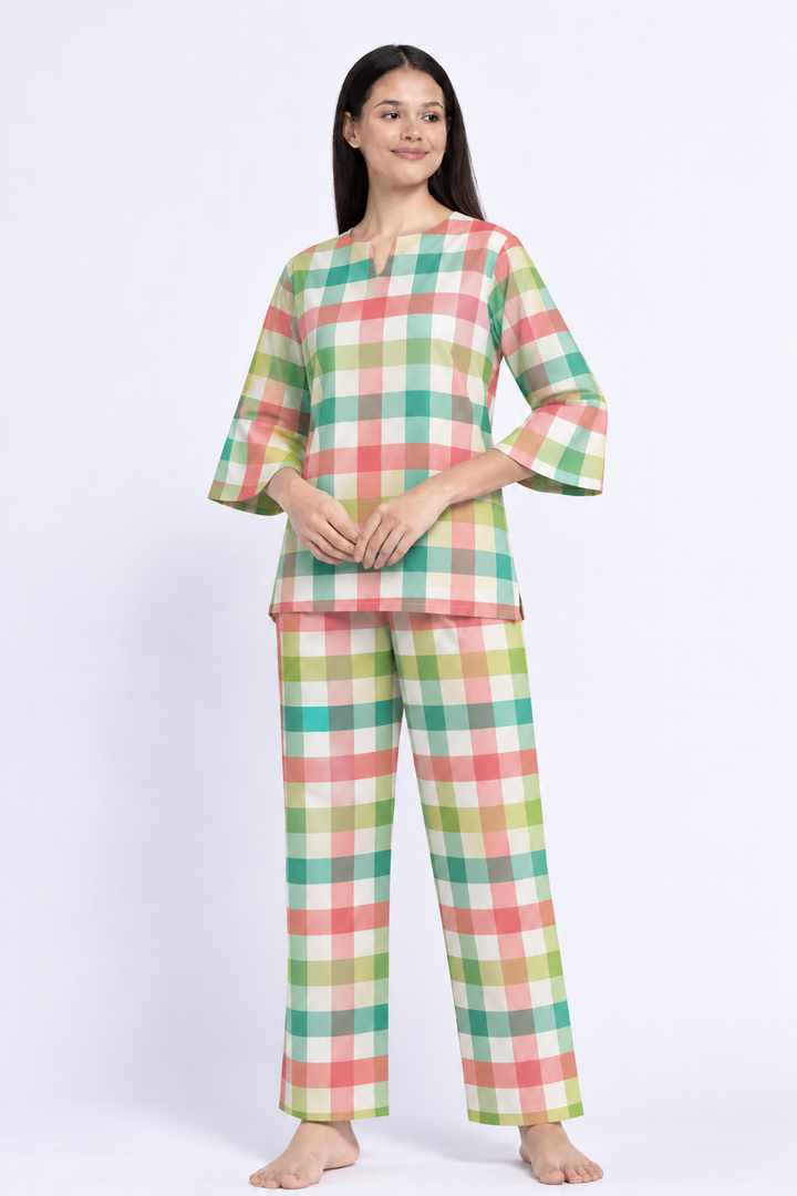 Pastel Picnic Check V-Neck 3/4th Sleeve Women's Night Suit