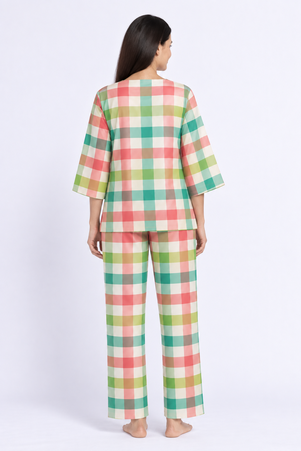 Pastel Picnic Check V-Neck 3/4th Sleeve Women's Night Suit