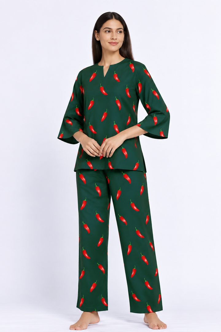 Chilli Pop Print V-Neck 3/4th Sleeve Women's Night Suit