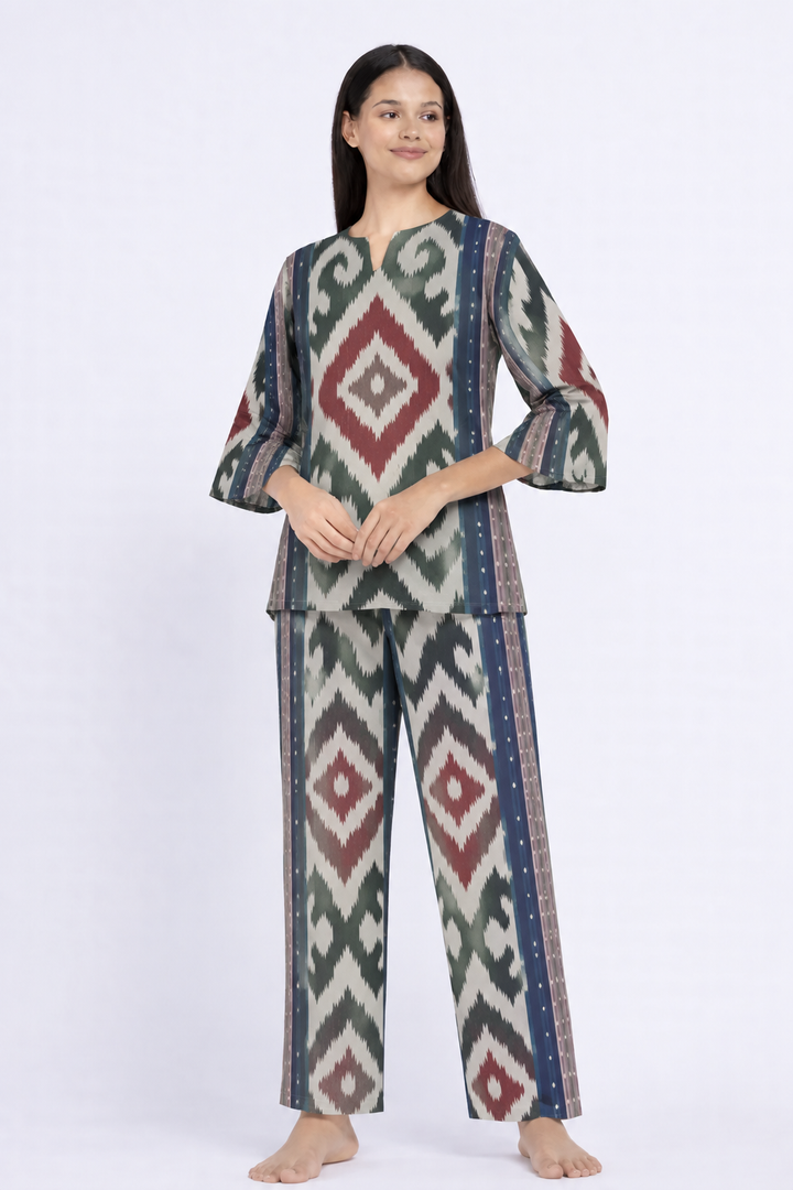 Indigo Heritage Ikat V-Neck 3/4th Sleeve Women's Night Suit