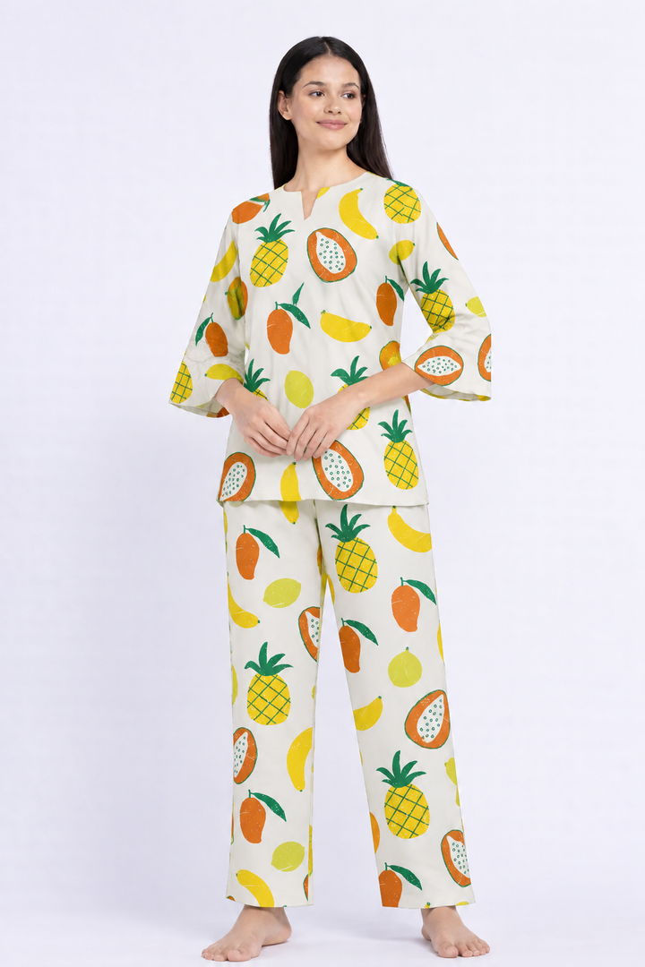 Tropical Fruit Fiesta V-Neck 3/4th Sleeve Women's Night Suit