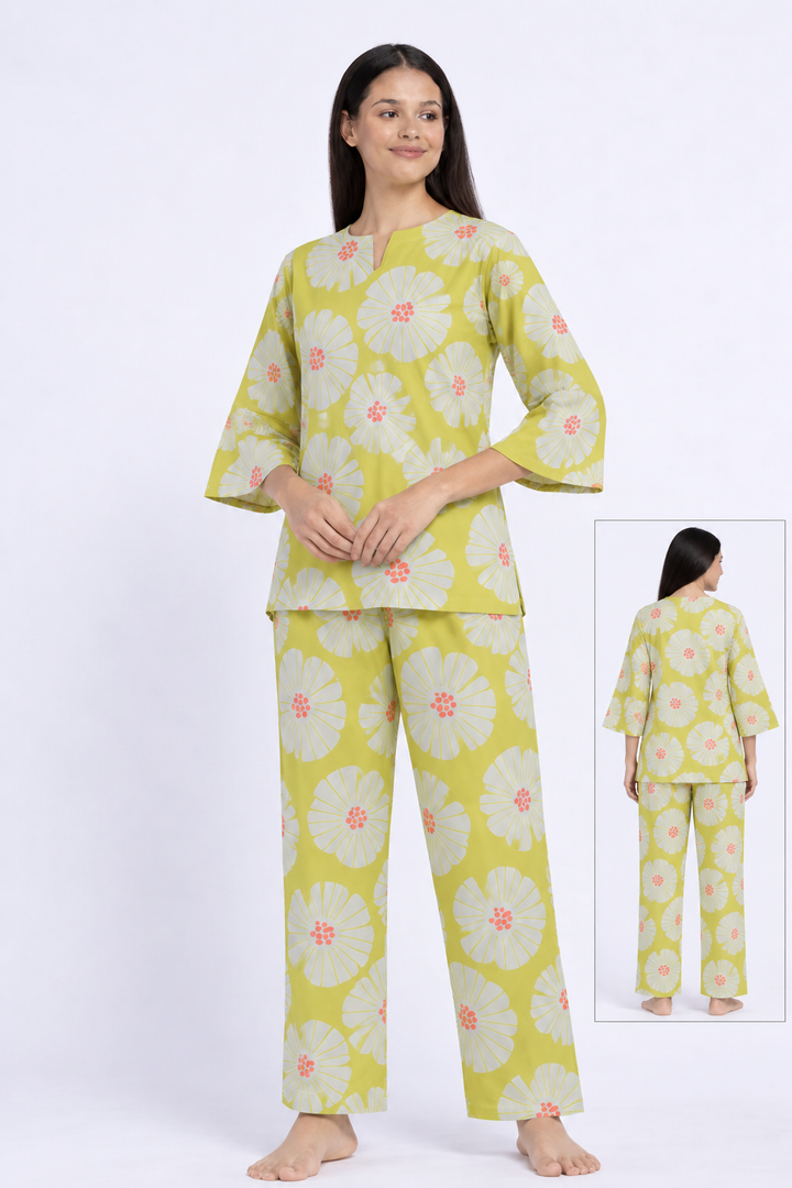 Lemon Bloom Print V-Neck 3/4th Sleeve Women's Night Suit