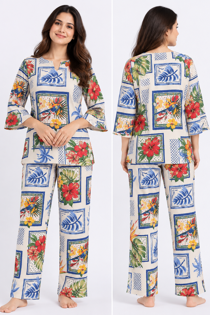Tropical Mosaic Print V-Neck 3/4th Sleeve Women's Night Suit