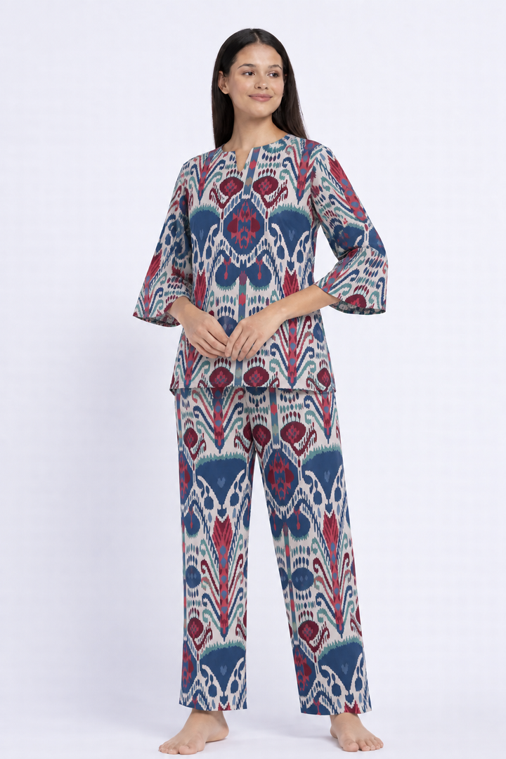 Boho Ikat Comfort  V Neck 3/4Th Sleeve Women's Night Suit