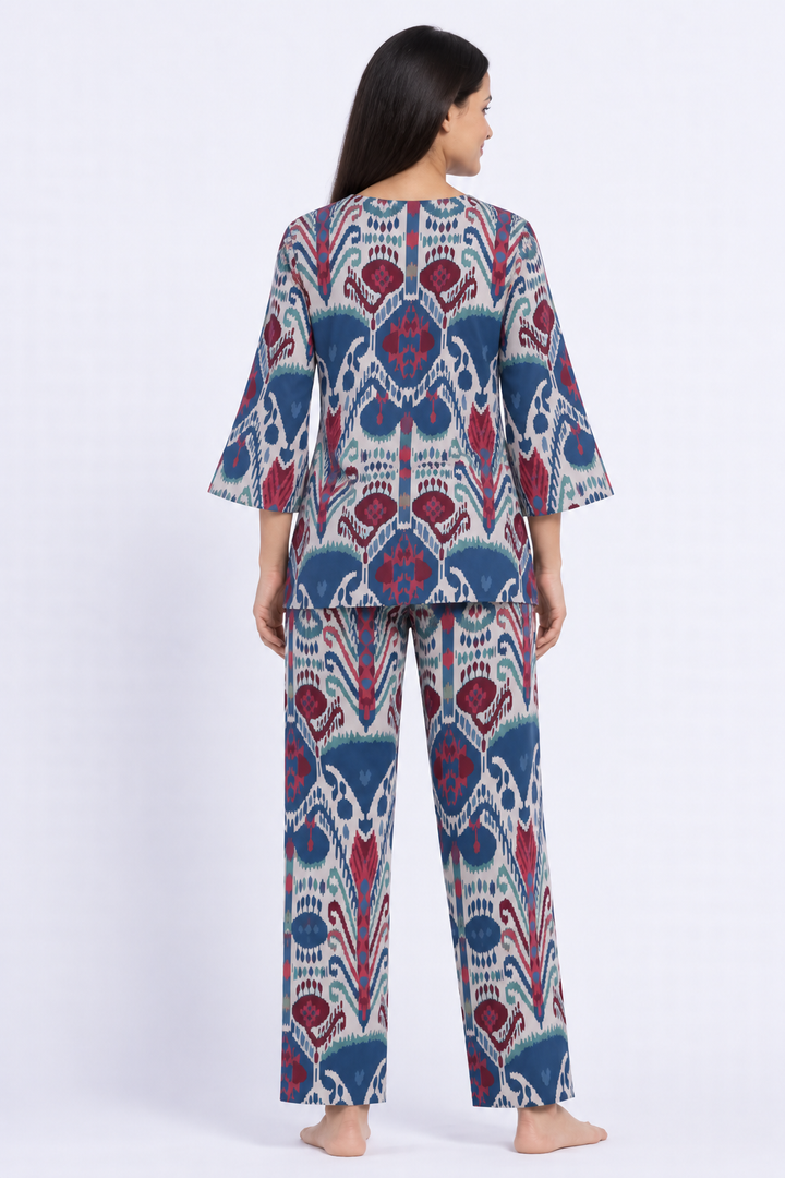 Boho Ikat Comfort  V Neck 3/4Th Sleeve Women's Night Suit