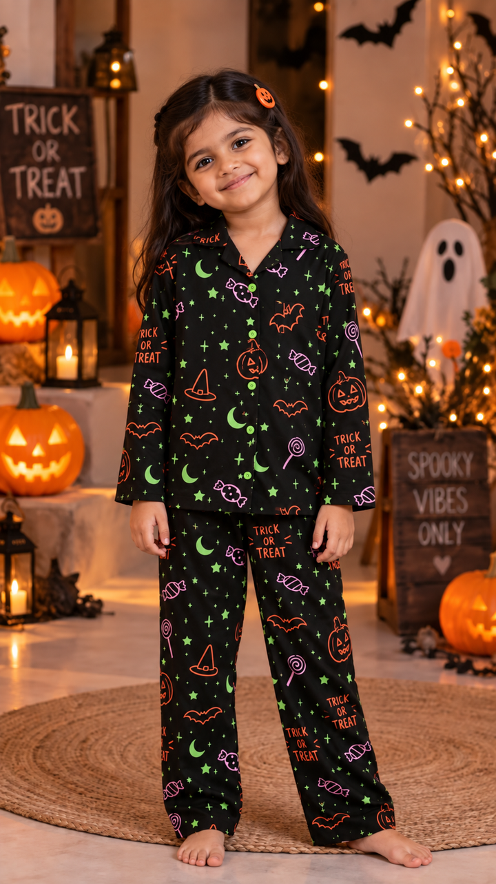 Spooky Treat Pink Glow In The Dark  Print Long Sleeve Kids Night Suit