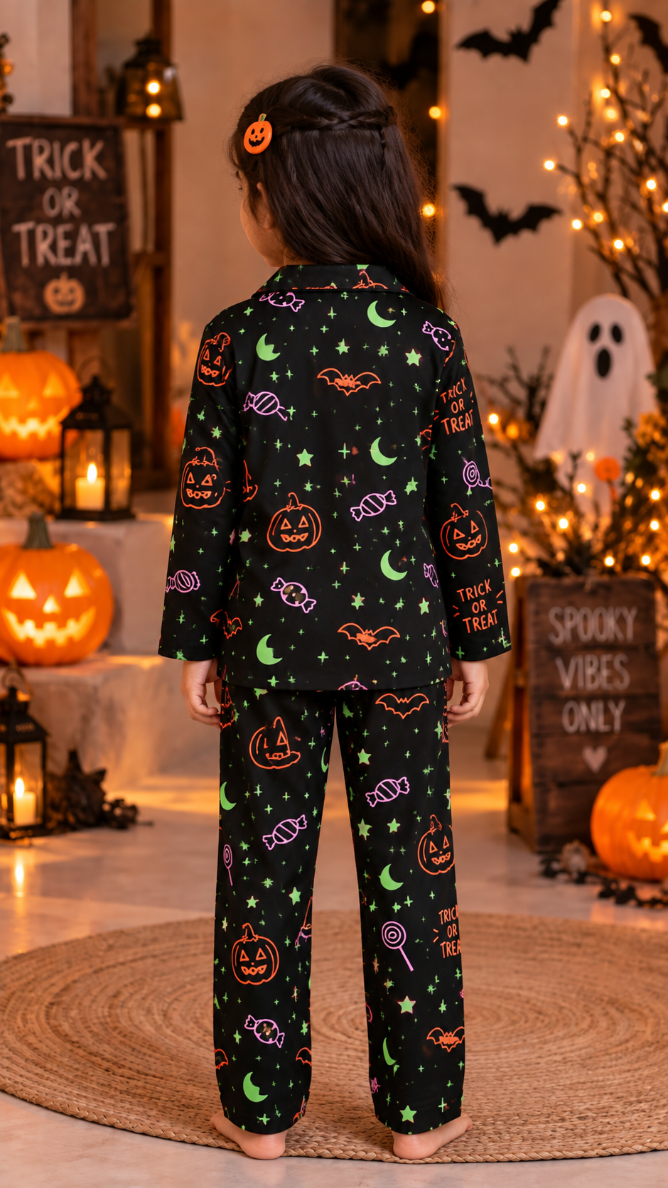 Spooky Treat Pink Glow In The Dark  Print Long Sleeve Kids Night Suit