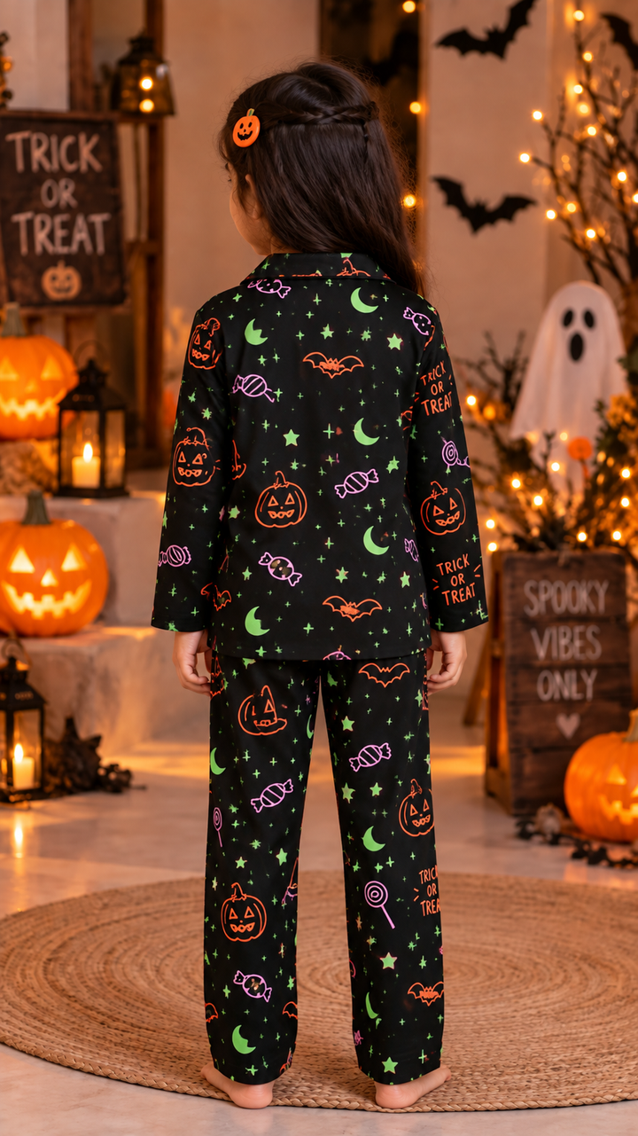 Spooky Treat Pink Glow In The Dark  Print Long Sleeve Kids Night Suit