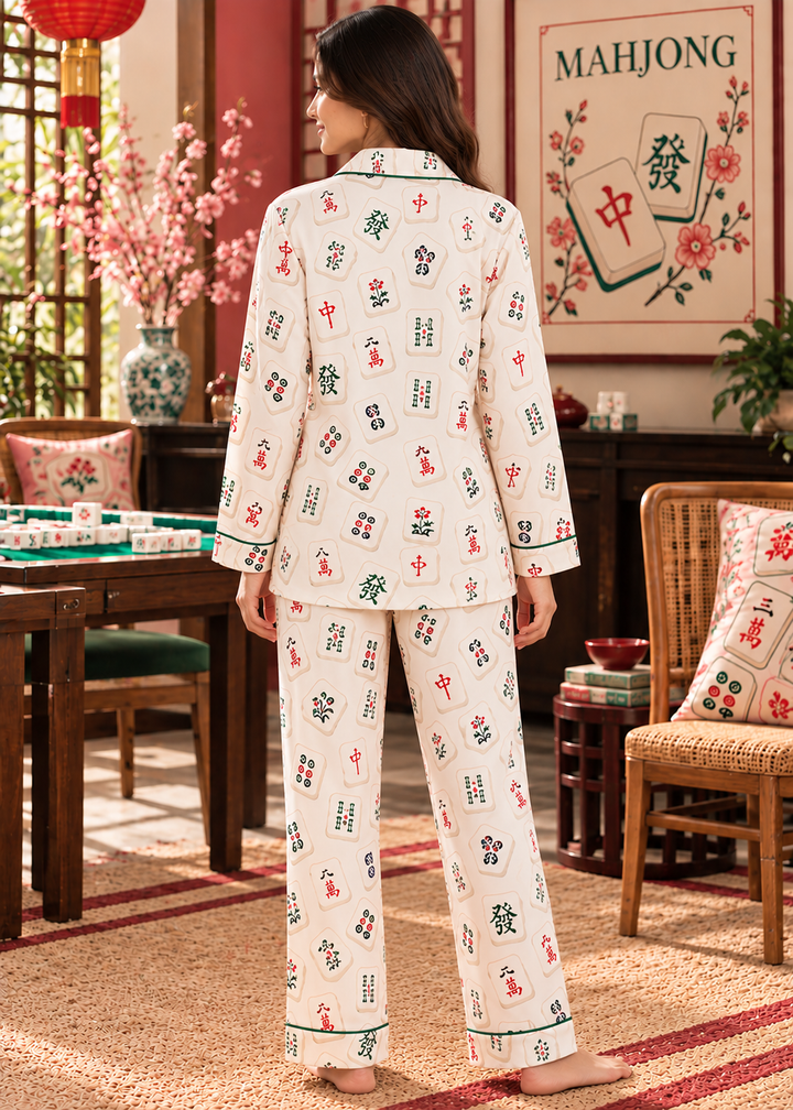 Mahjong Blossom Print  Long Sleeve Women's Night Suit