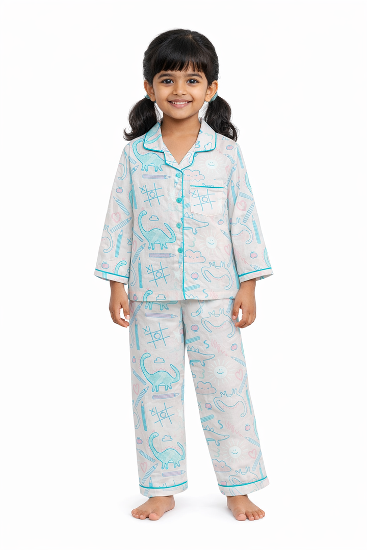 Pink Dino Print Long Sleeve Kids Night Suit