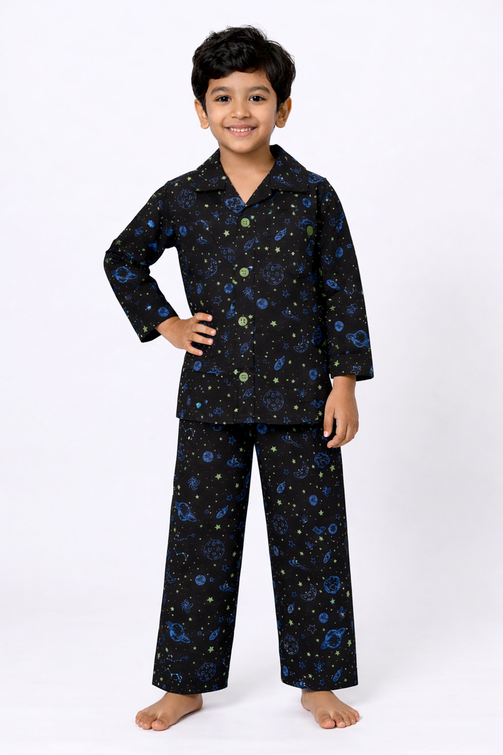 Space Glow In The Dark Print Long Sleeve Kids Night Suit