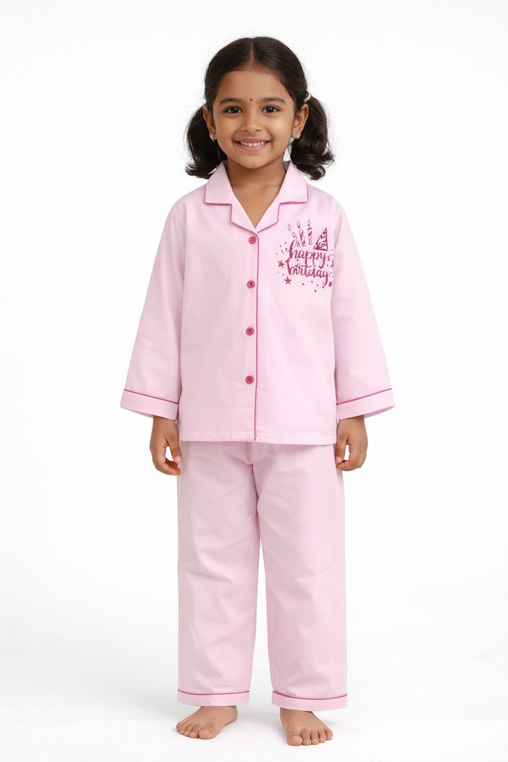 Happy Birthday Pink Long Sleeve Kids Night Suit