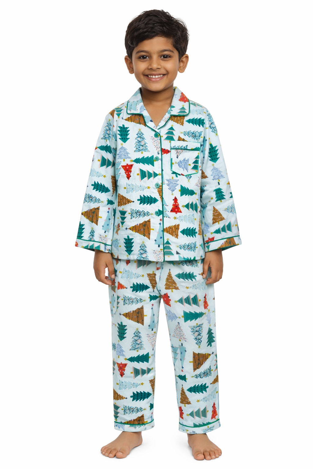 Multicolored Christmas Tree Print Cotton Flannel Long Sleeve Kids Night Suit