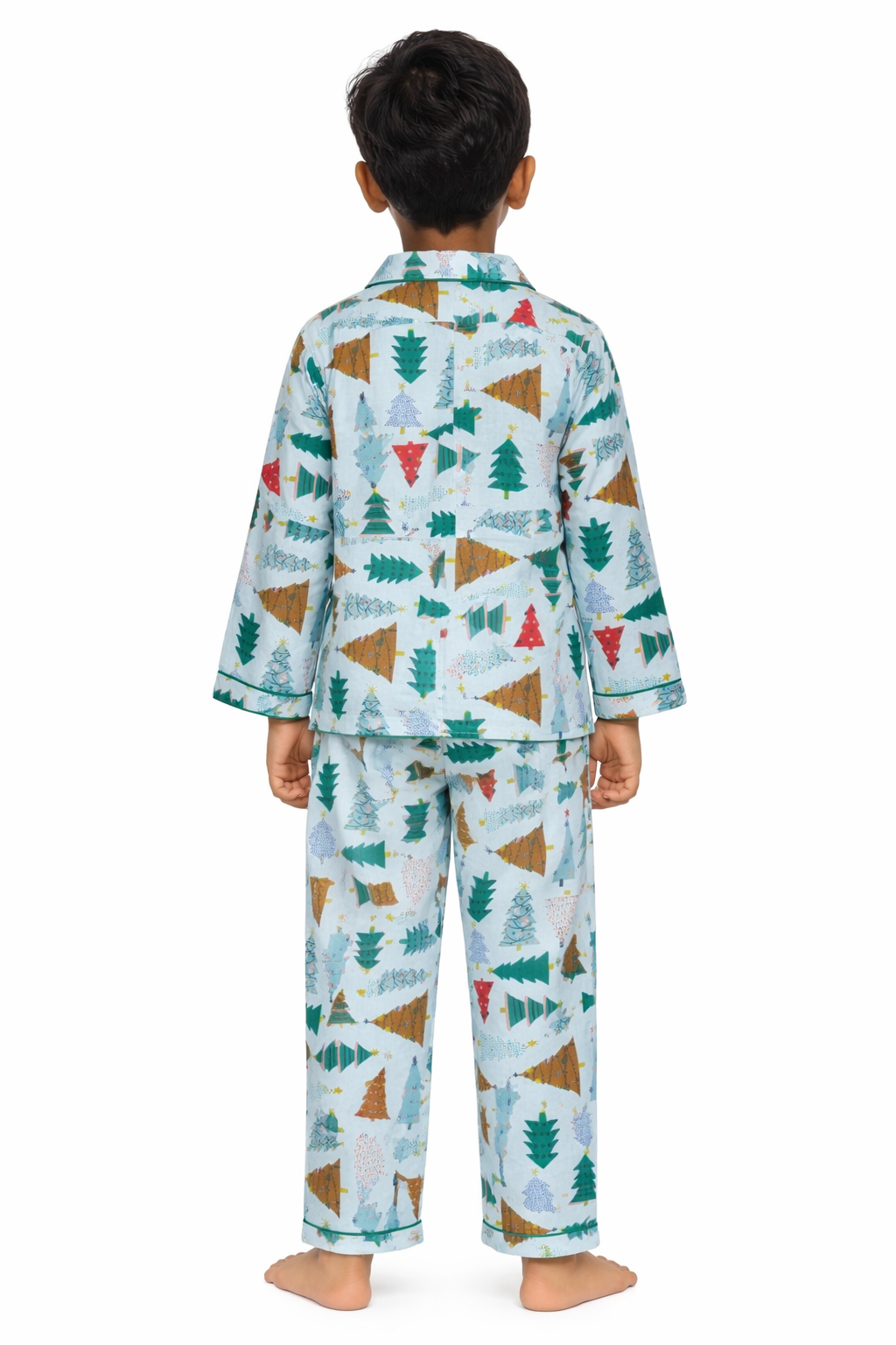 Multicolored Christmas Tree Print Cotton Flannel Long Sleeve Kids Night Suit