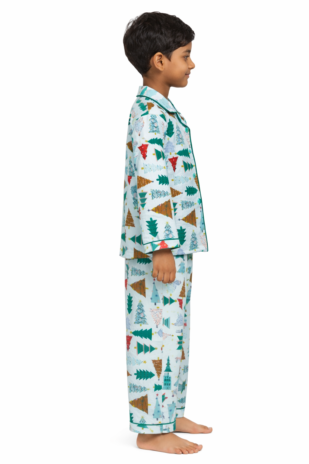 Multicolored Christmas Tree Print Cotton Flannel Long Sleeve Kids Night Suit