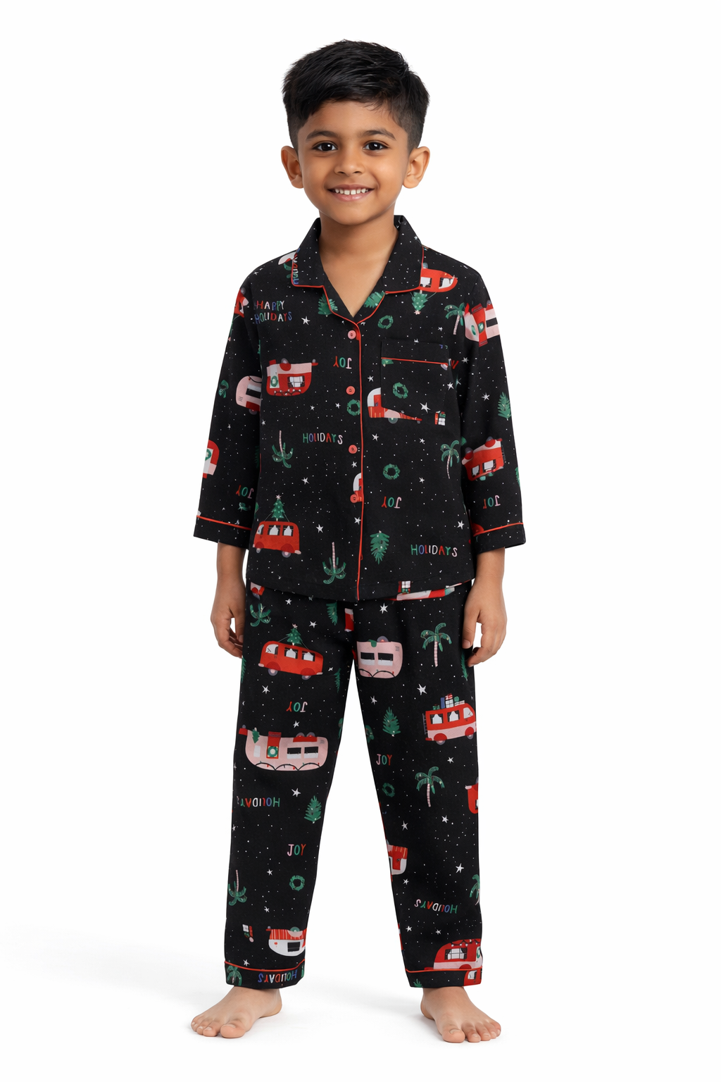 Happy Holidays Print Cotton Flannel Long Sleeve Kids Night Suit