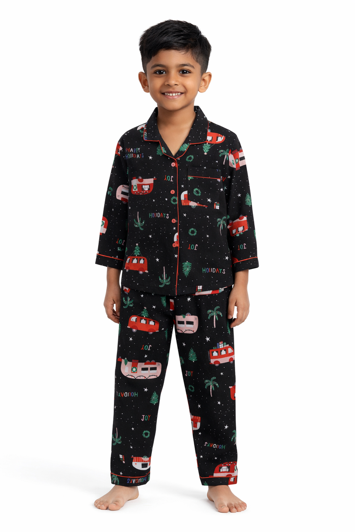 Happy Holidays Print Cotton Flannel Long Sleeve Kids Night Suit