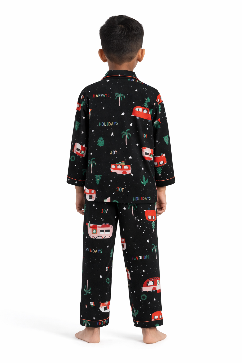 Happy Holidays Print Cotton Flannel Long Sleeve Kids Night Suit