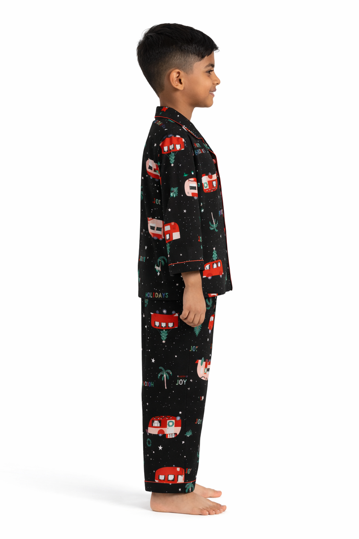 Happy Holidays Print Cotton Flannel Long Sleeve Kids Night Suit