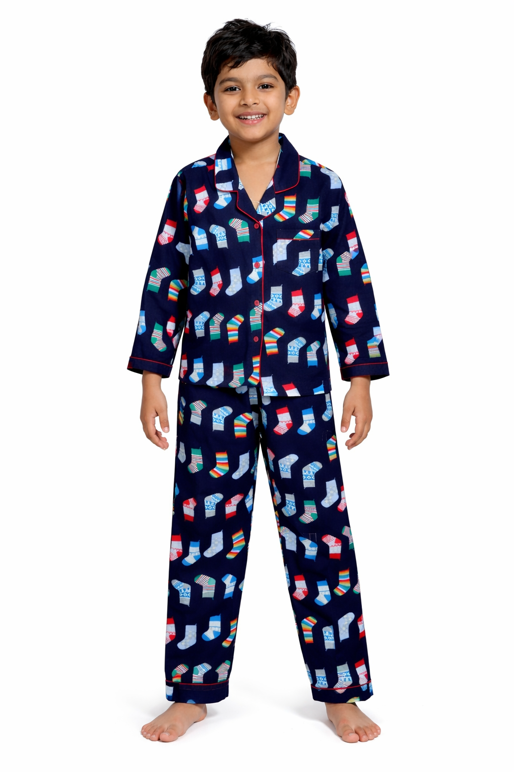 Christmas Socks Print Cotton Flannel Long Sleeve Kids Night Suit