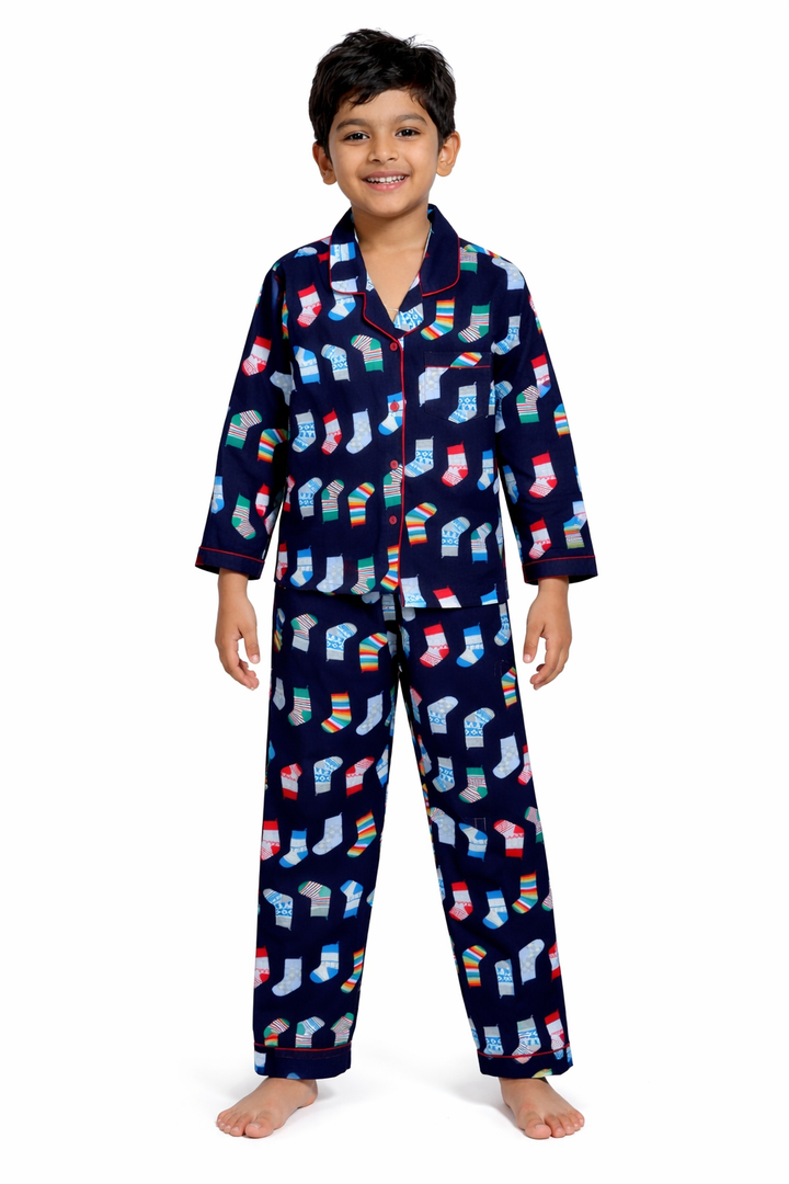 Christmas Socks Print Cotton Flannel Long Sleeve Kids Night Suit