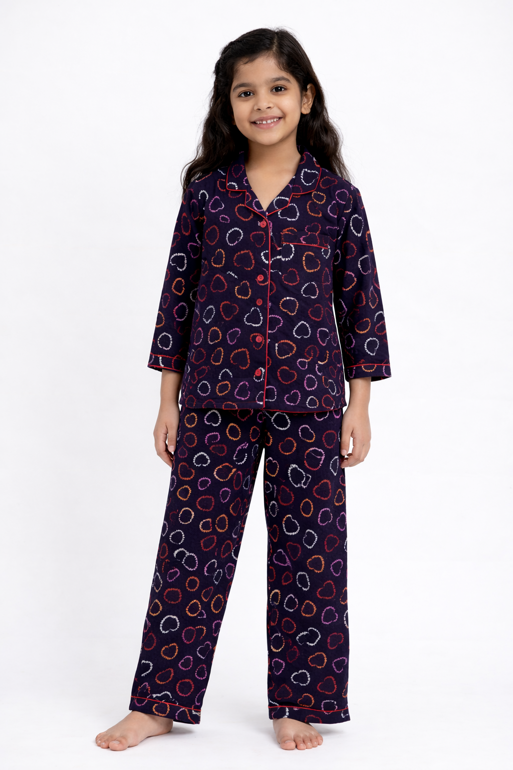 Hearts Print Cotton Flannel Long Sleeve Kids Night Suit