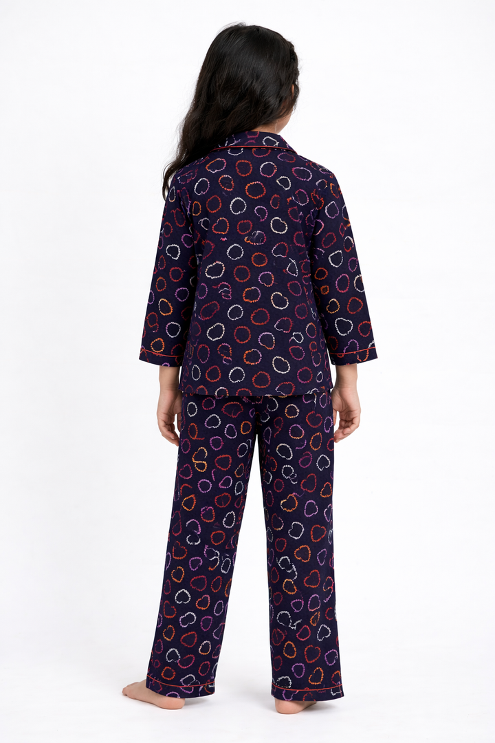 Hearts Print Cotton Flannel Long Sleeve Kids Night Suit