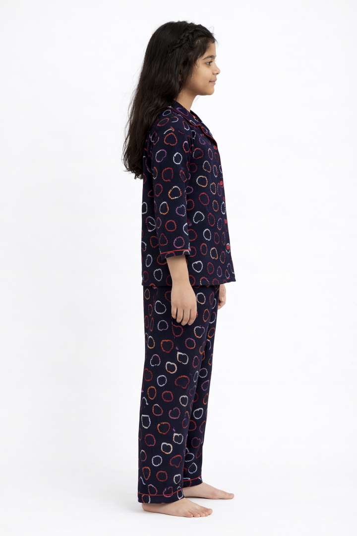 Hearts Print Cotton Flannel Long Sleeve Kids Night Suit