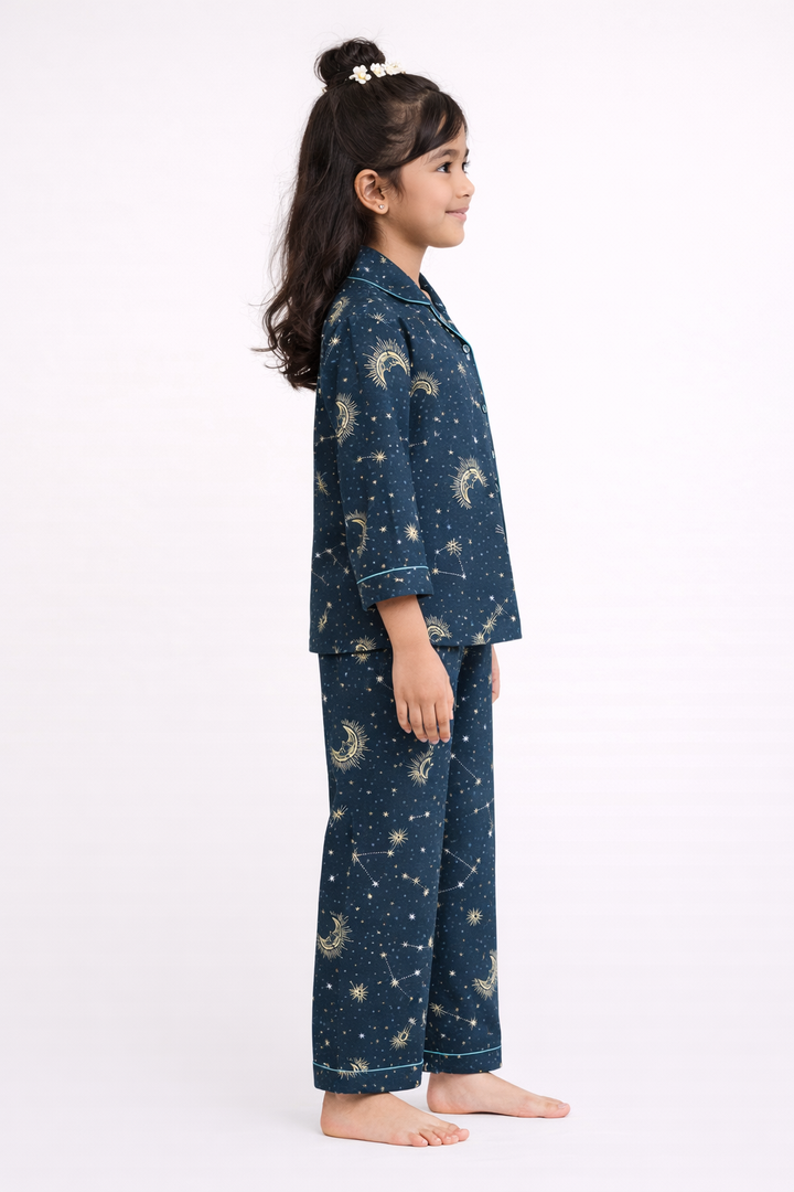 Constellation and Shine Print Cotton Flannel Long Sleeve Kids Night Suit
