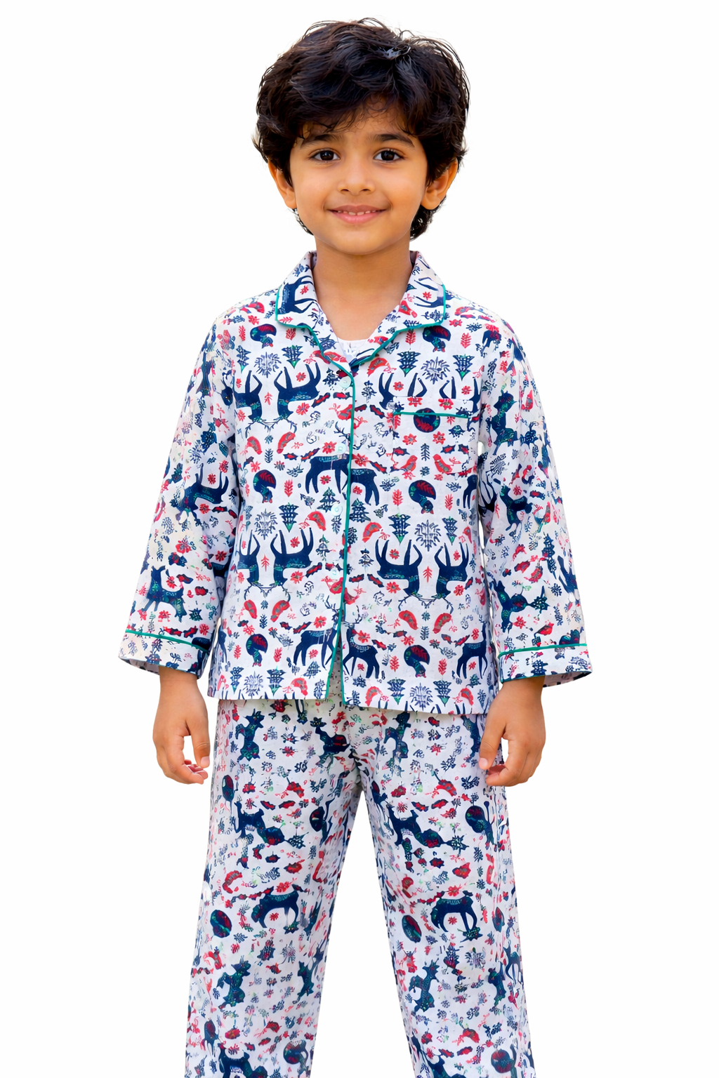 Reindeer Print Cotton Flannel Long Sleeve Kids Night Suit