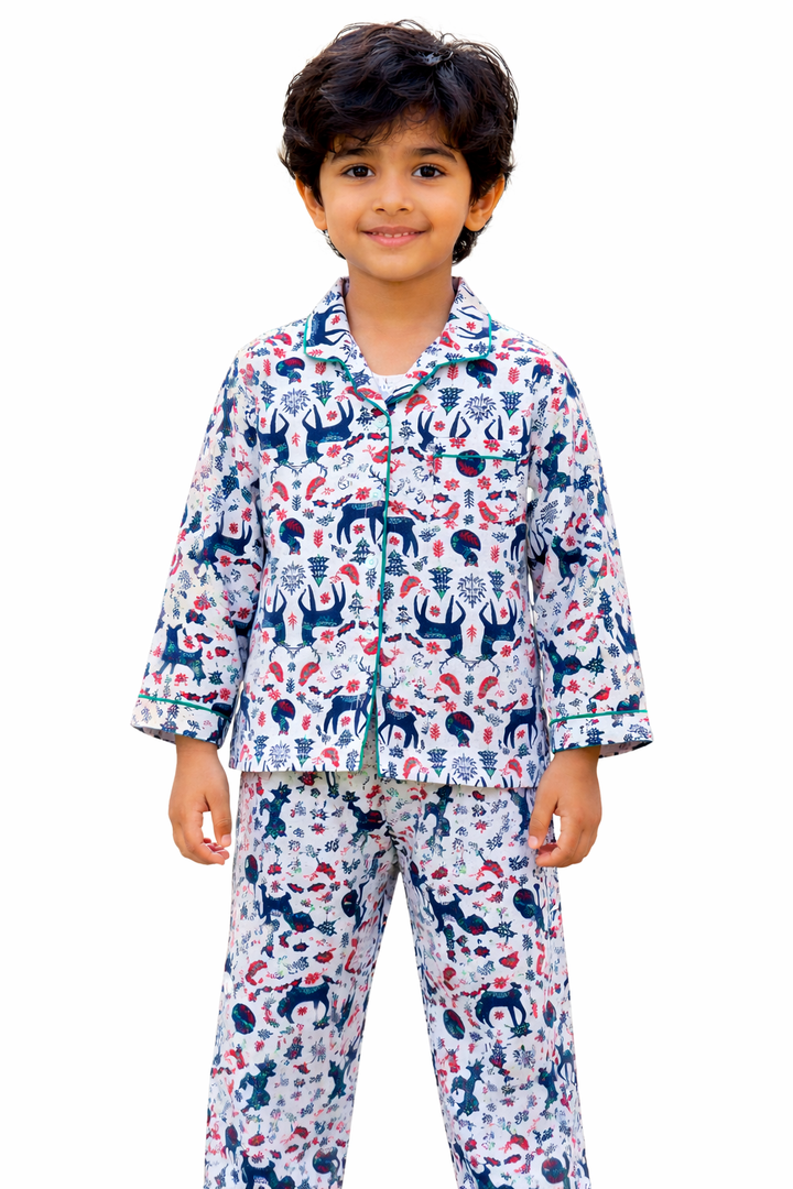Reindeer Print Cotton Flannel Long Sleeve Kids Night Suit